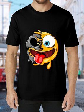 Black Graphic Short Sleeve Tee with Yellow Melted Smiley